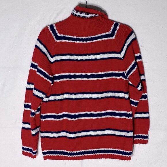 Handmade Knit Red White Blue Striped Turtleneck Sweater M - Picture 9 of 10